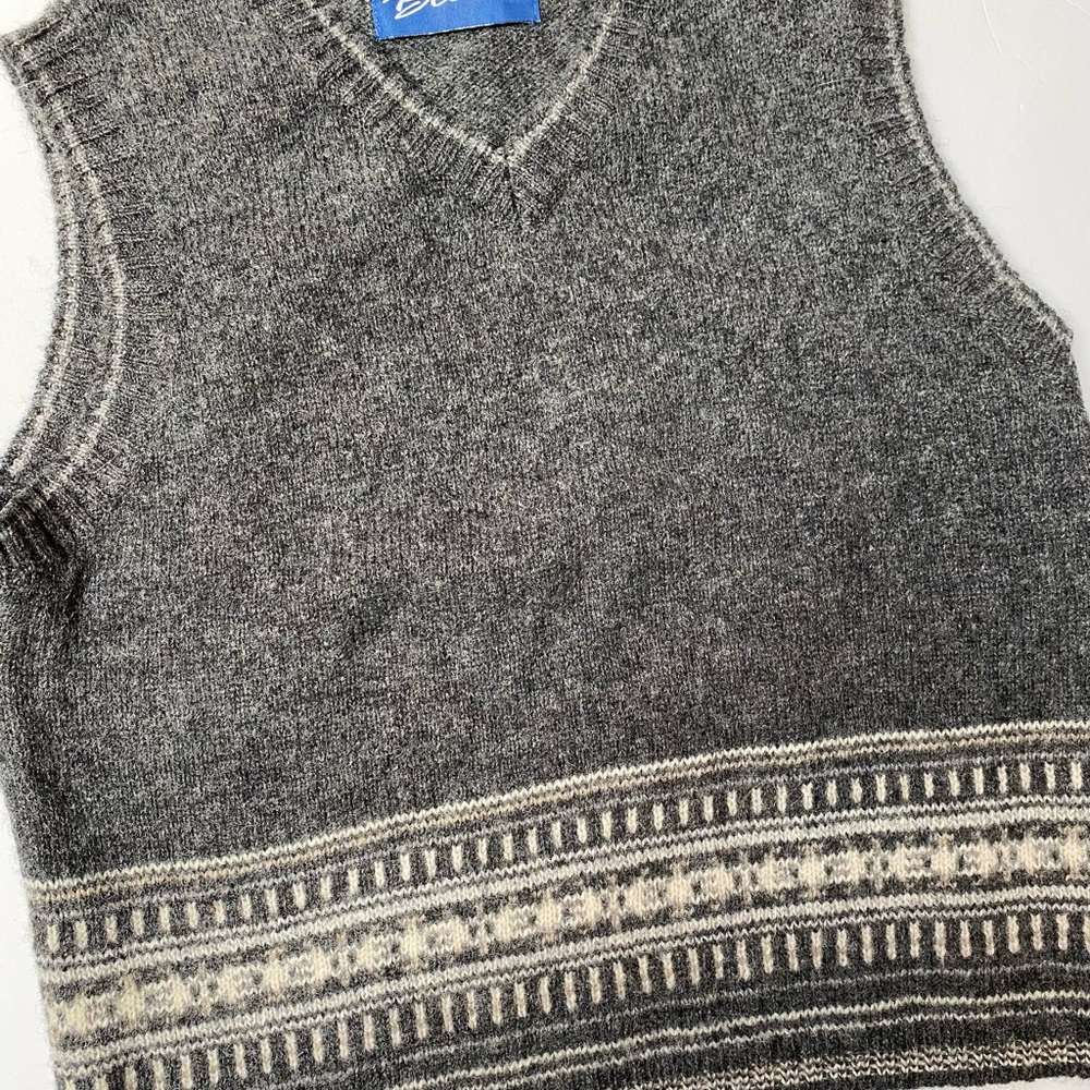 Women's Gray V-Neck Sweater Vest with Cream Fair Isle Hem